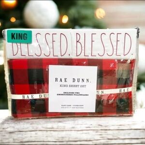 NEW Rae Dunn ‘BLESSED’ Super Soft King Size Sheet Set In Red/Black Buffalo Check
